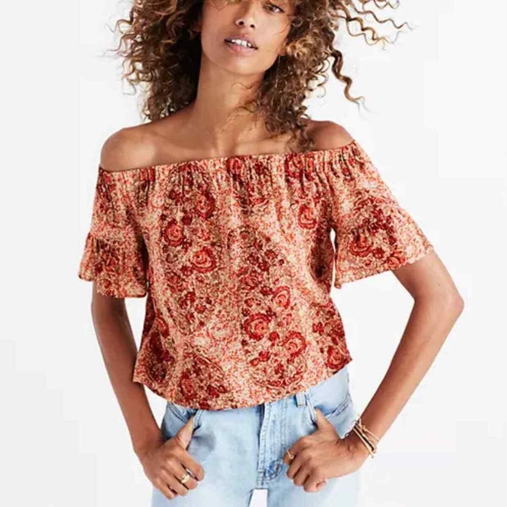 MADEWELL Silk Off-the-shoulder Top in Watercolor Paisley- Red Pink- Size XS